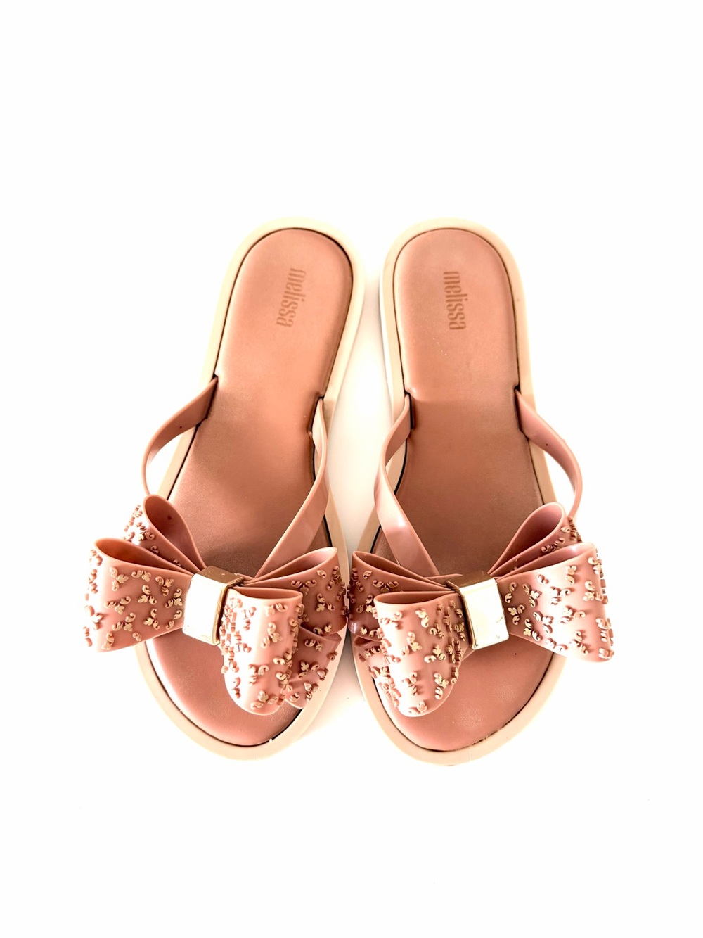 Melissa Harmonic Sweet Sandals Women's 7 Beige Gold Pink Flip Flop Thong Bow